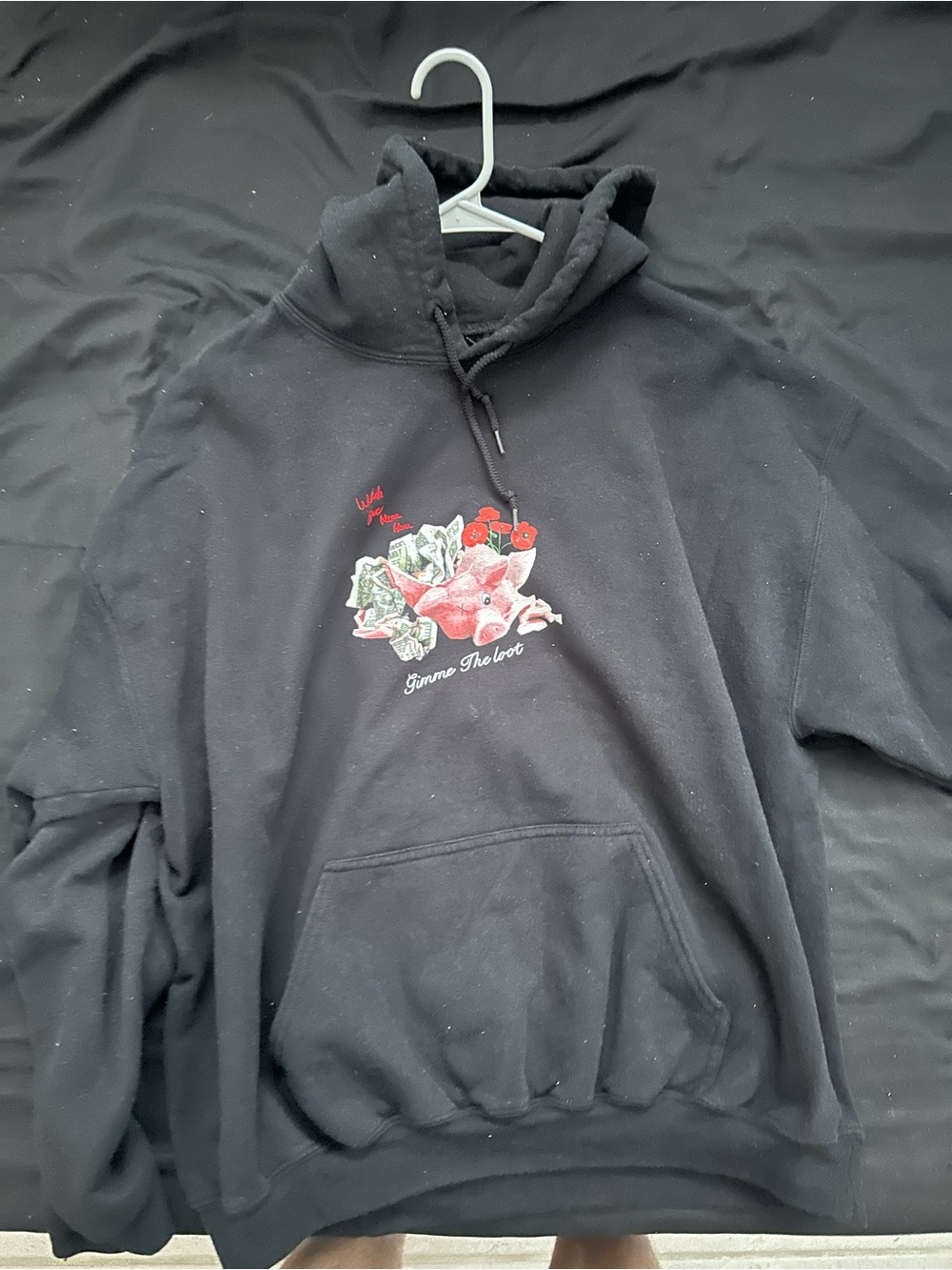 Black Pullover Hoodie with Red Floral & Money Graphic “GIMMIE THE LOOT”